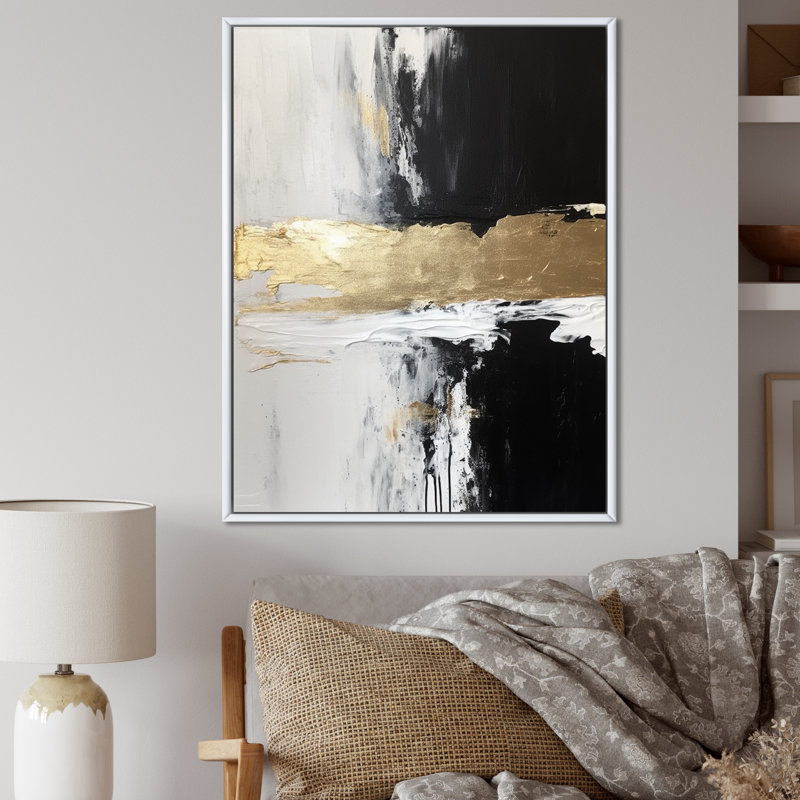 Dimensions horizontales abstraites or noir - reproductions d'art sur toile, 20" H x 12" W, Cadre flottant blanc