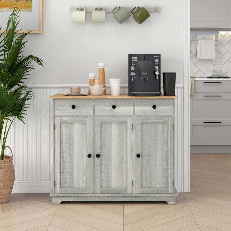 Buffet avec comptoir en bois massif, Gris clair
