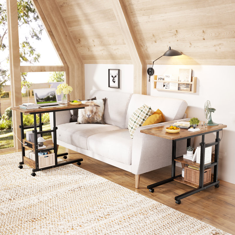 Height Adjustable C Table with USB Port and Wheels, Brown