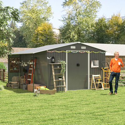Remise de rangement extérieure 10 pi x 12 pi, remise en métal avec fenêtres et portes verrouillables, idéale pour l'équipement de jardin, les tondeuses à gazon, l'équipement saisonnier, conception à deux zones, bien ventilée, acier galvanisé, gris