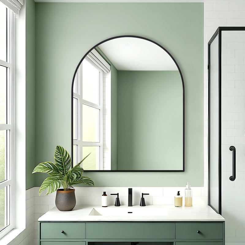 Black Metal Framed Arched Wall Mirror Bathroom/Vanity Mirror, 36" H x 30" W