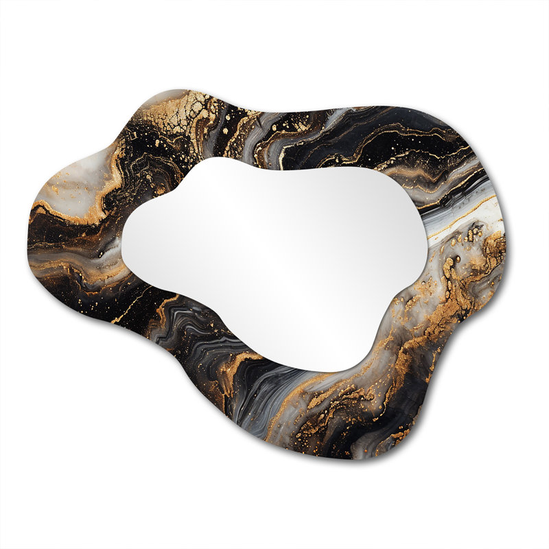 Glam Gold Flows Black Agate - Marble Asymmetrical Mirror, Black Cloud Decorative Wall Mirror, Printed Metal Art, 27" x 35"