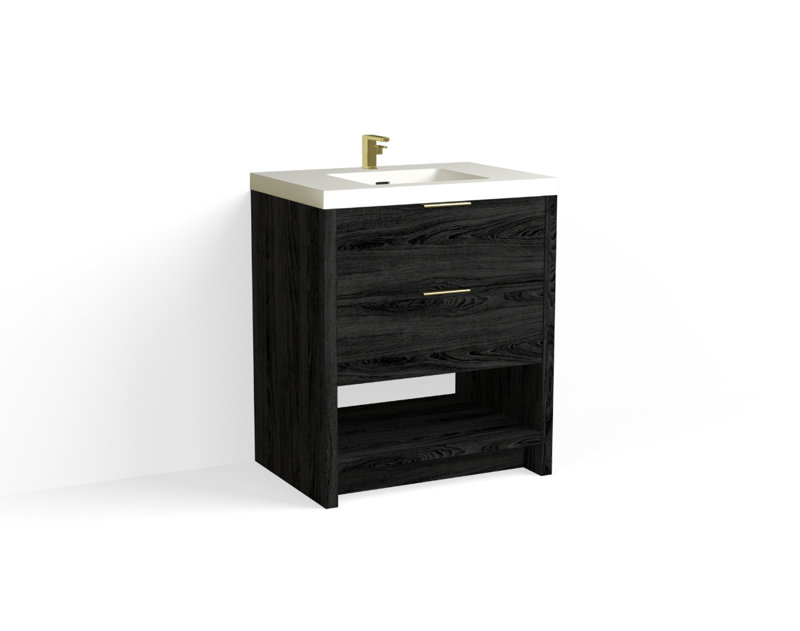Vue 30" W Freestanding Single Bathroom Vanity, Matte White/8" Widespread, Nocino, Satin Brass