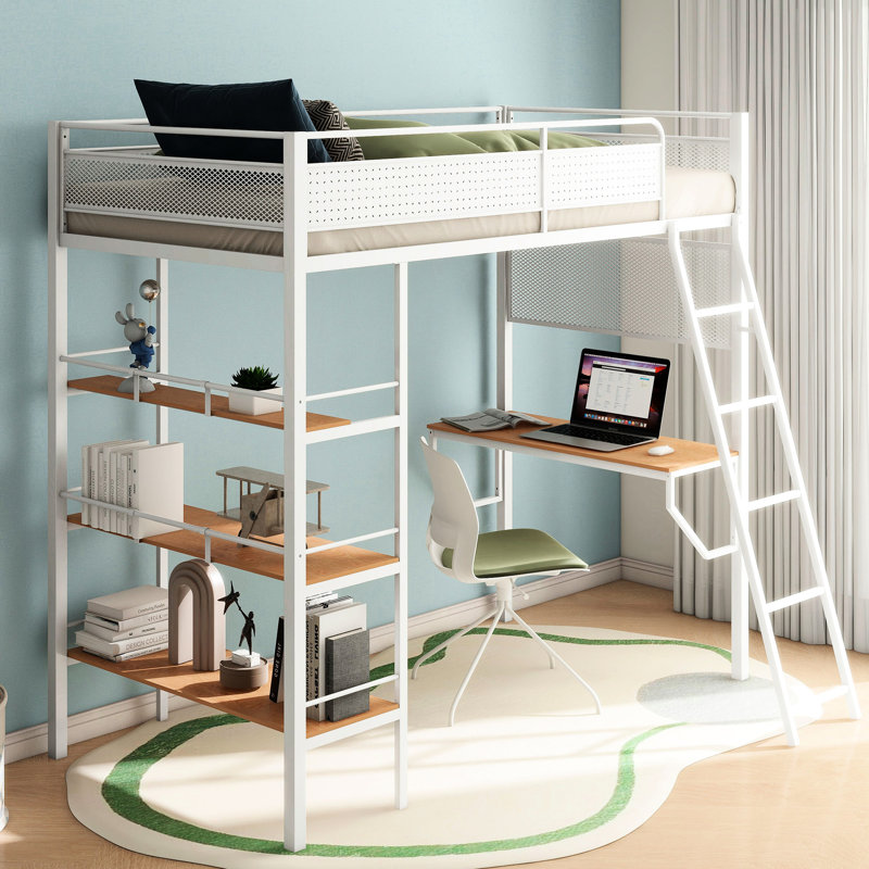 3-Shelf Twin Workstation Loft Bed With Wood-Look Veneer And Open Shelves In Matte White For Bedroom Functionality Style Metal Full Guardrails Mesh Panel Design Aesthetics