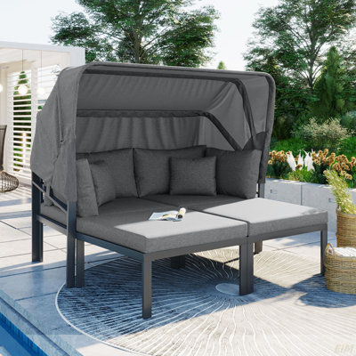 Ensemble de 3 chaises longues de patio avec auvent rétractable et canapé modulaire en métal pour l'extérieur