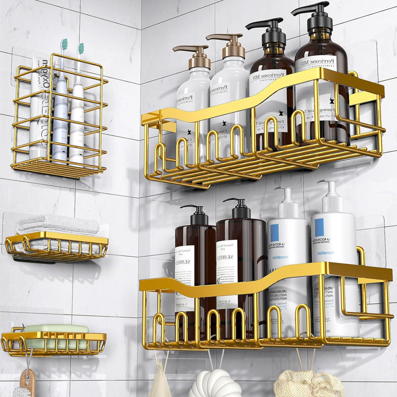Panier de douche adhésif de grande taille, paquet de 5 organisateurs de bain en acier inoxydable antirouille avec grande capacité, sans tablettes de perçage