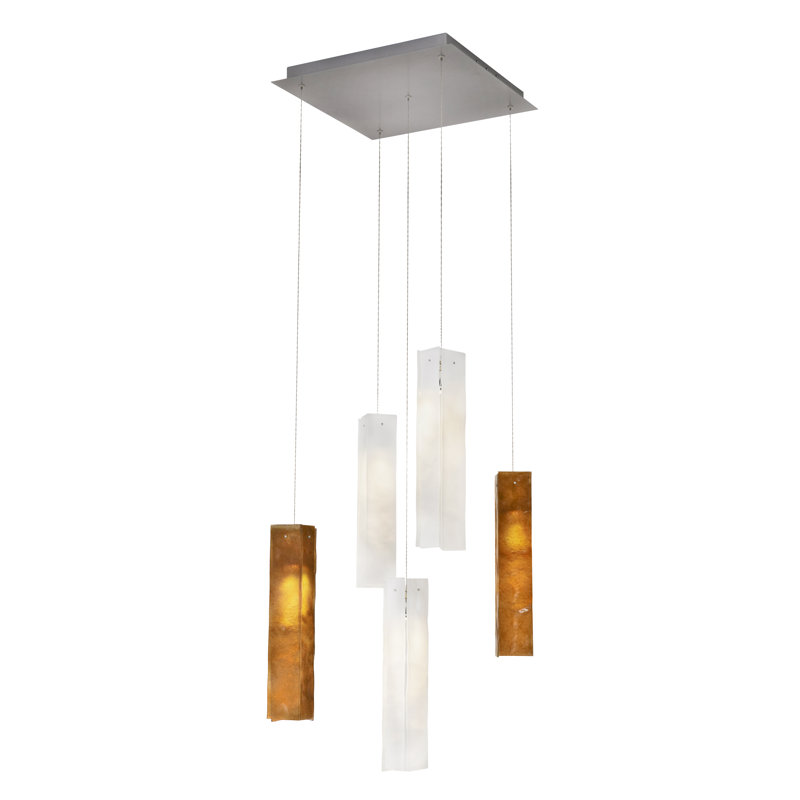 Luminaire suspendu rectangulaire en grappe 5 lumières, Blanc / Ambre