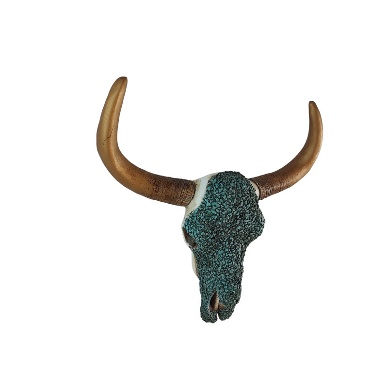 Resin Southwestern Wall Decor Turquoise Cow/Bison Skull with Gold-Tone Horns Design