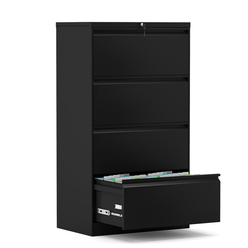 Masayo 4 Drawer Lateral File Cabinet with Lock for Office and Home Use, Black