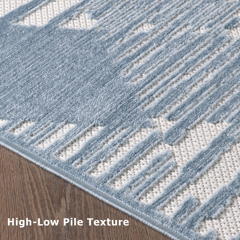Tapis turc à motif géométrique intérieur / extérieur à poils courts bleu foncé / crème pour patio, terrasse, porche ou entrée