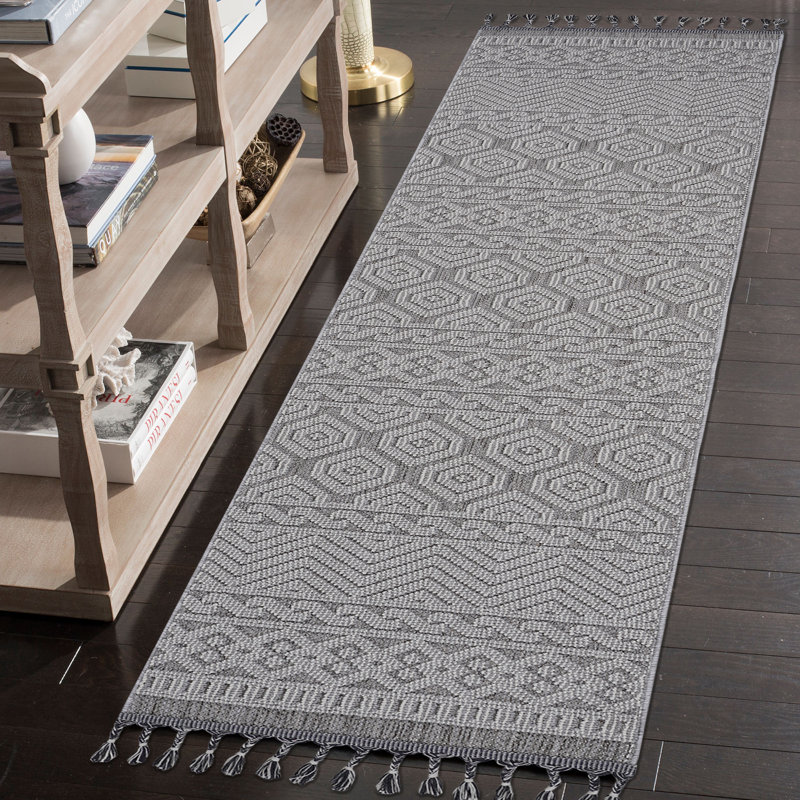 Naar Guros Area Rugs, Grey/White/Geometric Accent Power Loom Machine -Crafted Rug, Runner 2'2" x 8'