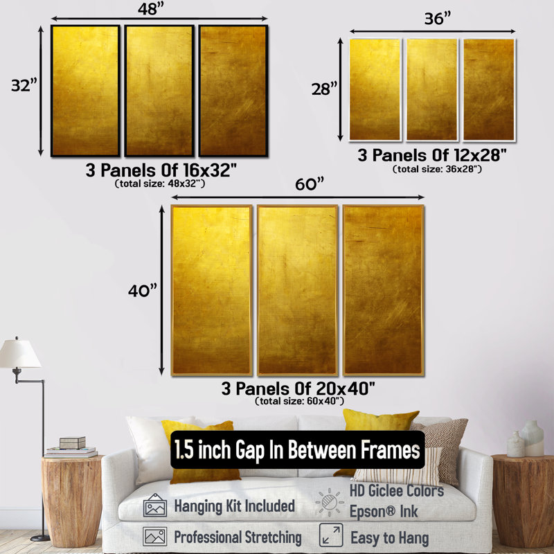 Texture dorée - ensemble de 3 toiles abstraites encadrées, H 32 po x l 48 po, Argent