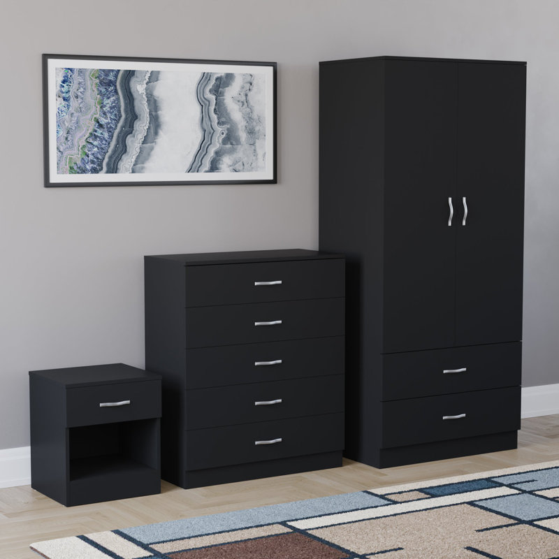 Maybery 3 Piece Bedroom Set (1 Drawer Bedside Chest, 5 Drawer Chest, 2 Door 2 Drawer Wardrobe), (4), Black