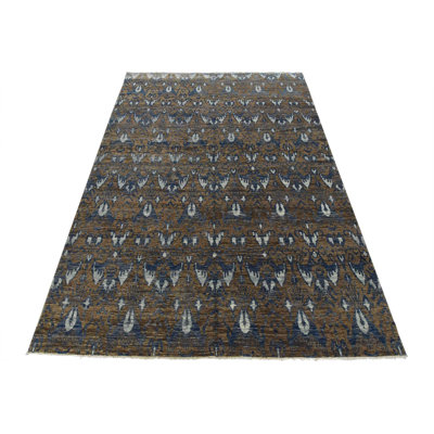 Tapis oriental moderne noué à la main en laine brun bleu 9 pi 11 po x 14 pi Ikat