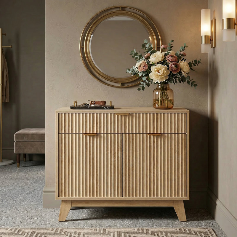Fluted Buffet Cabinet with Storage, Sideboard Cabinet with Adjustable Shelf and Drawer for Dining Room,  Living Room, Kitchen, Entryway, Natural Oak