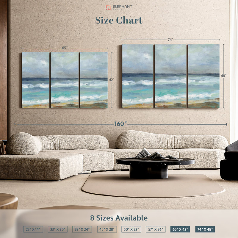 «Seashore Day», 3 pièces sur toile, H 48 po x l 74 po x P 1,25 po