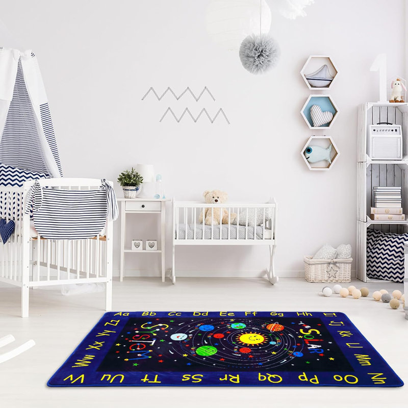 Tapis pour enfants, système solaire, alphabet ABC, tapis antidérapant, à poils courts, doux et éducatif pour la chambre à coucher, bleu.
