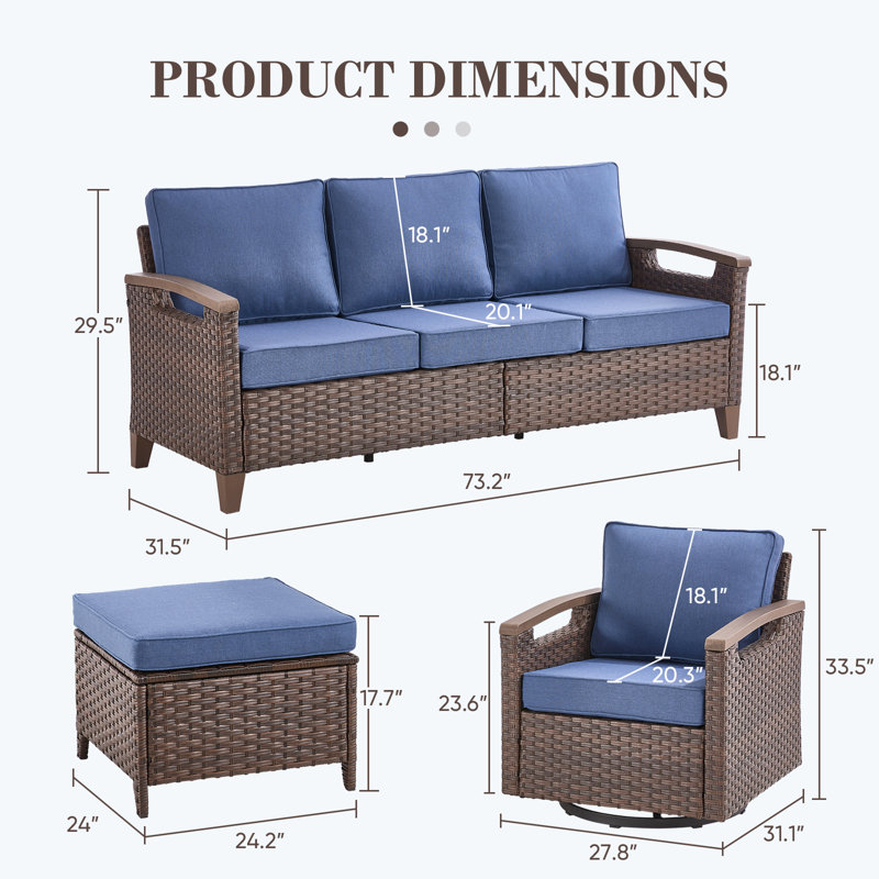 Ensemble de conversation pour 7 personnes avec 4 chaises pivotantes Arundel, Bleu