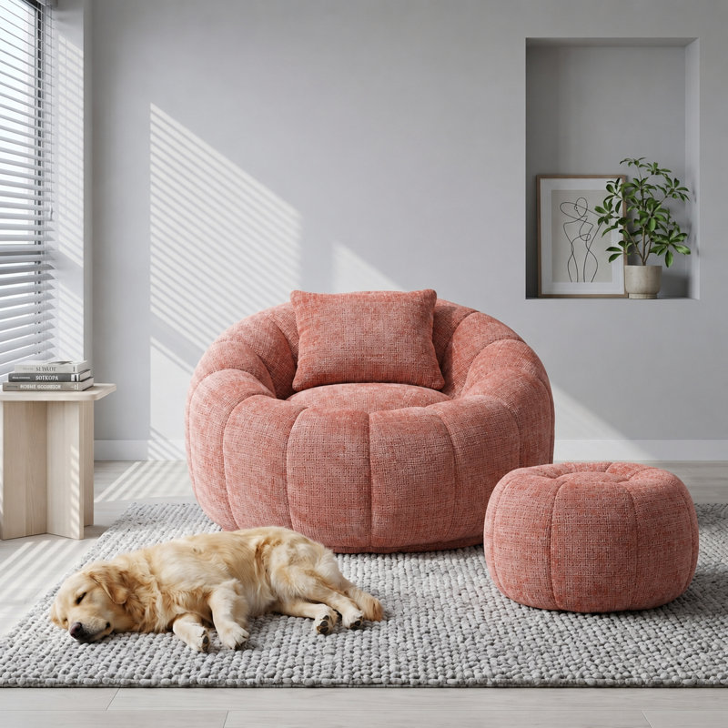 Cloud-Like Memory Foam Bean Bag Chair & Ottoman Set Soft Fabric Lounger with Pillow for Living Room/Playroom, Pink Chenille