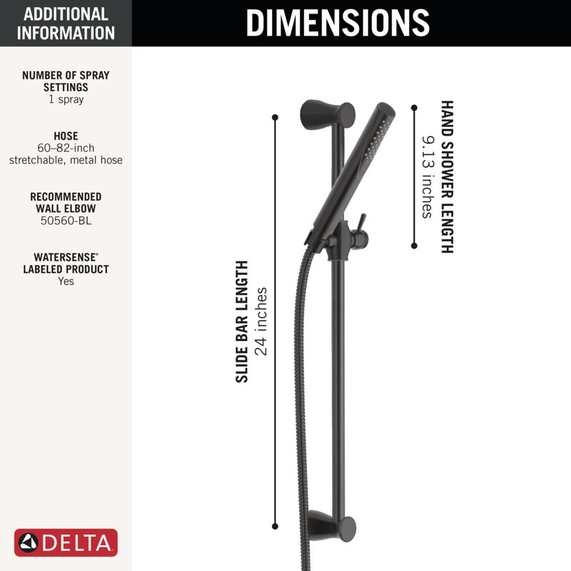 Urban Grail Slide Bar Hand Held Shower with Hose, Handheld Shower Head, Matte Black