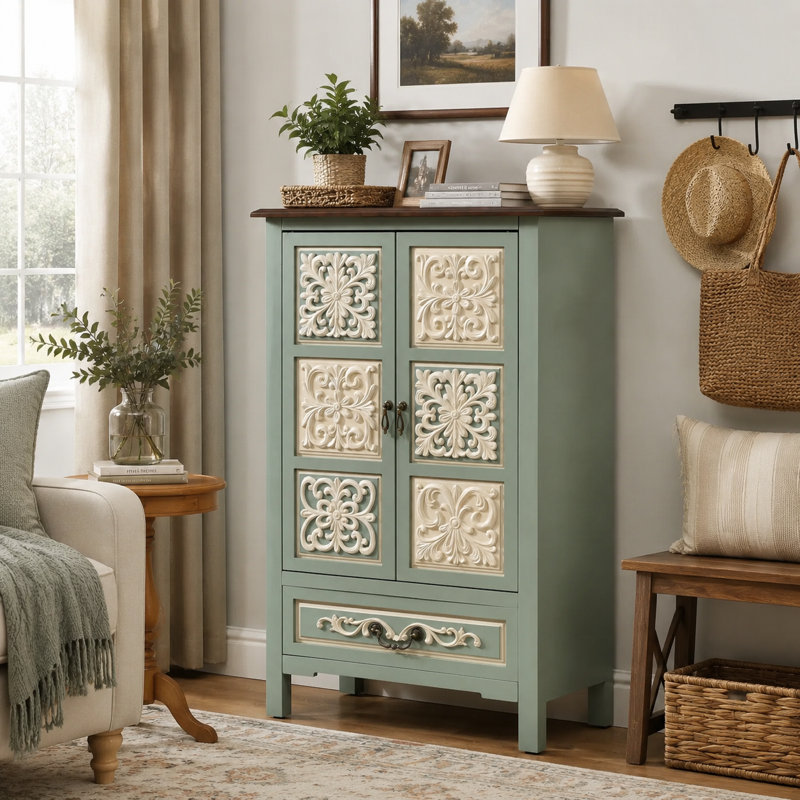 Fienley 43" H Vintage Green Storage Cabinet with 2 Doors and Drawer, Carved Floral Accent Storage