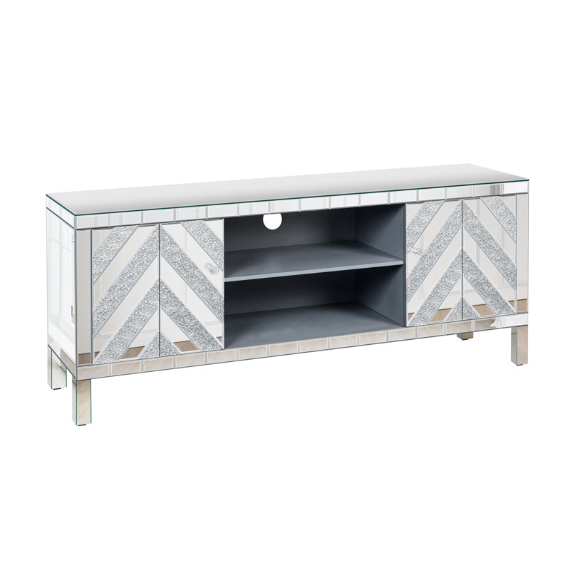 Meuble télé en miroir, console télé avec rangement ouvert et 2 armoires de rangement, portes miroir en forme de M pour le salon