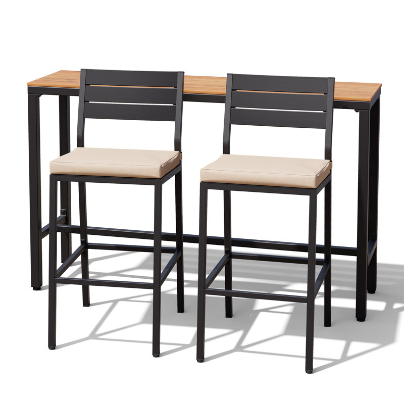 2 - Person Metal Patio Dining Set With Rectangular Bar Table , Cushions Included, Brown, Beige