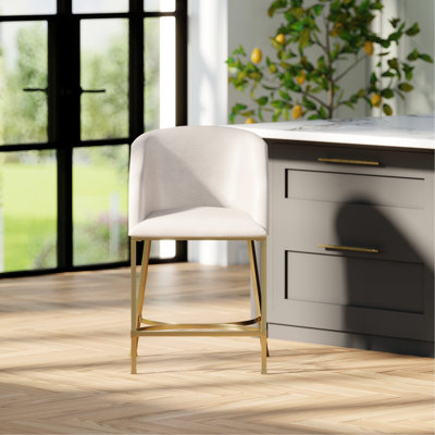 Tabouret de comptoir moderne de 26 po en similicuir blanc et structure en acier doré, convient aux espaces de bar de cuisine, choisissez entre une hauteur de siège de 31 po, un dossier incurvé rembourré en mousse confortable, une stabilité avec repos