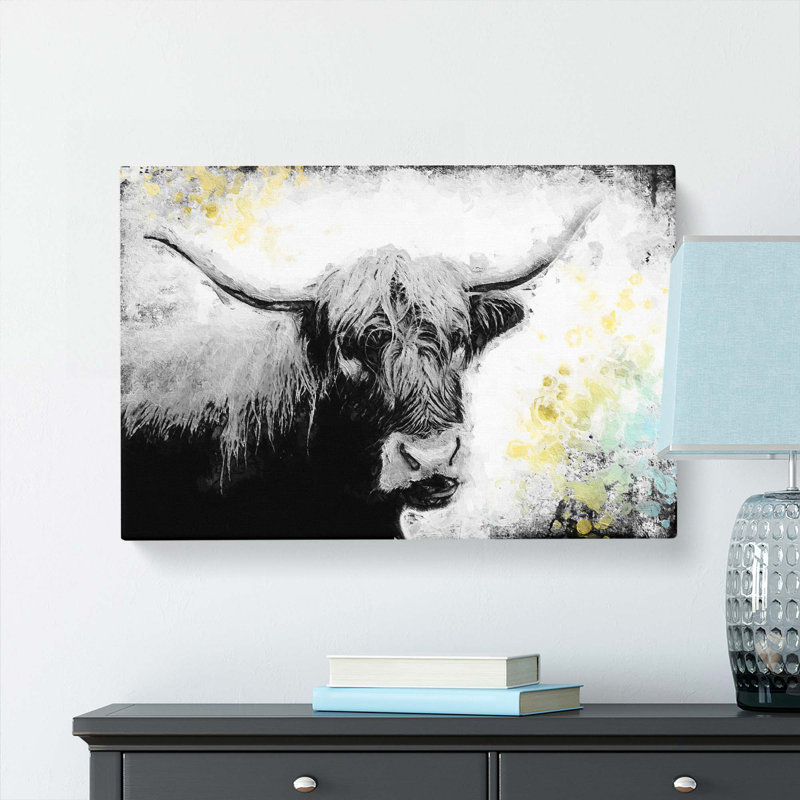 Paint Splattered Highland Cow In Abstract - Wrapped Canvas, 35cm H x 50cm W x 3cm D