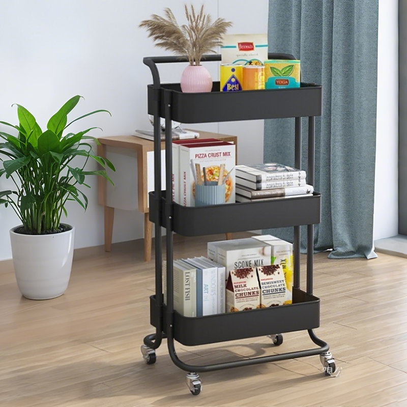3-Tier Rolling Cart Utility Storage Rack Cart With Handle And Lockable Wheels, Black, Easy Assemble For Kitchen,Bathroom Laundry Room 22036