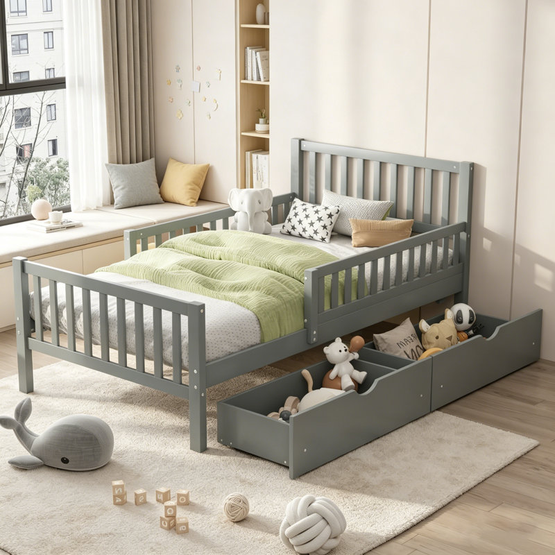 Lit plateforme simple en bois avec garde-corps et deux tiroirs de rangement, gris, parfait pour un sommeil sécuritaire et organisé