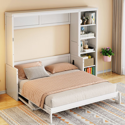 Queen Size Murphy Bed With Desk And Bookshelf, White