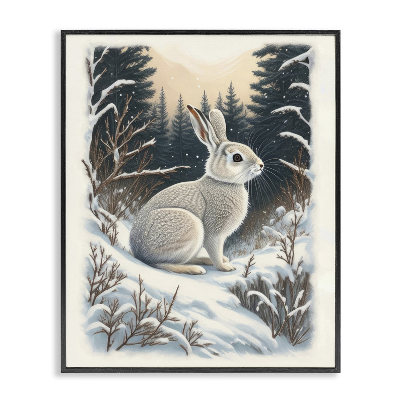Lapin dans la forêt d'hiver, estampe numérique par Denise Dundon, Giclée encadrée noir minuit, H 14 po x l 11 po