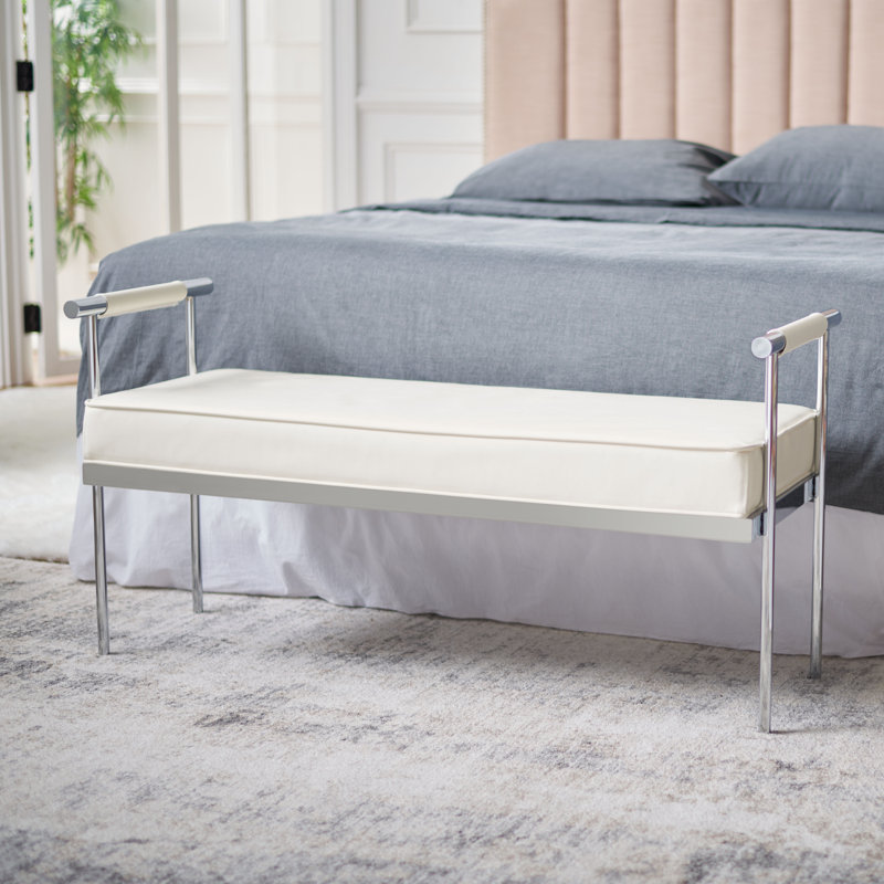 Alishia Faux Leather Upholstered Bench, White/Chrome, 24.75" H x 48" W x 17.25" D