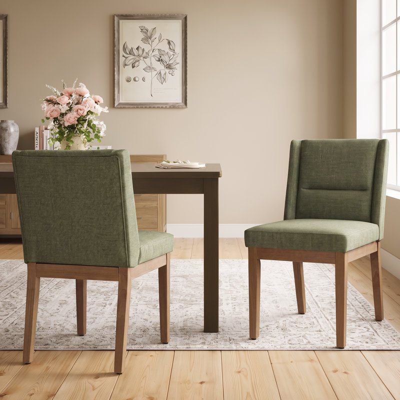 Chaise de salle à manger rembourrée en lin avec pieds en bois massif, Vert