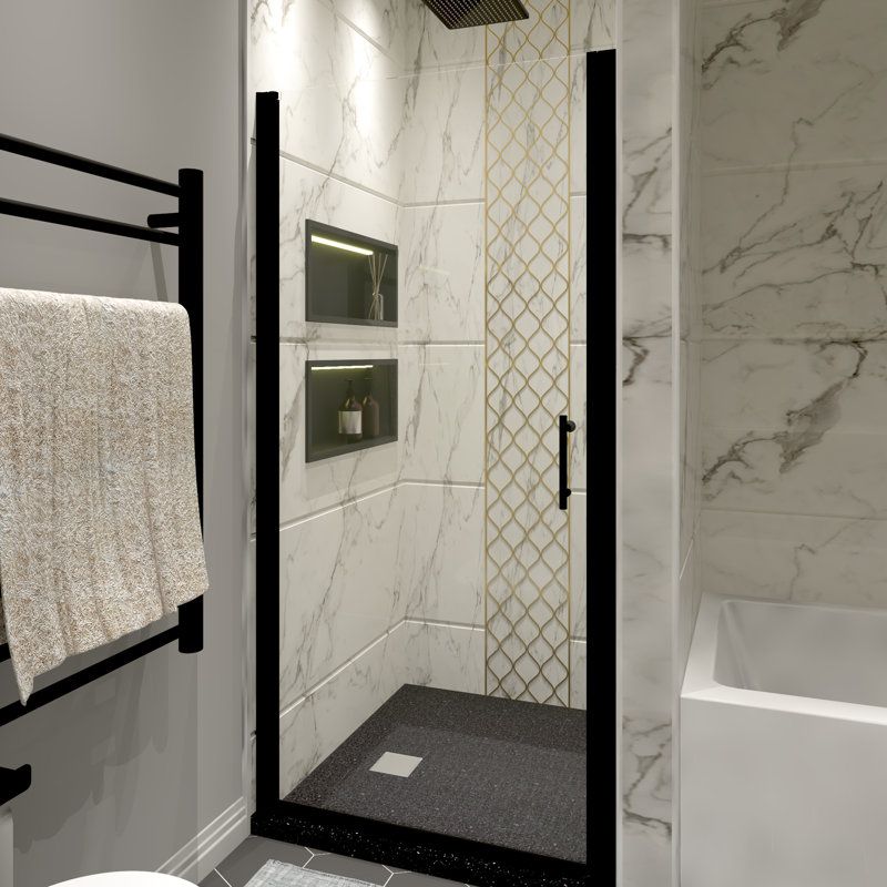Porte de douche en aluminium avec rail supérieur, poignée en acier inoxydable 304, verre transparent traité nano, film, portes coulissantes noir mat avec système coulissant sans effort, caractéristique continue propre et trempée