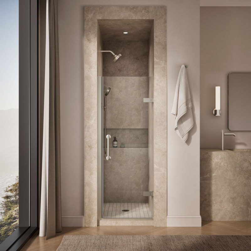 Porte de douche à pivot sans cadre de 3/8 po X l 27,5 po X l In28 po X l 71-1/2 po avec verre transparent cristal de 3/8 po et poignées de porte verticales à l’arrière et à l’arrière