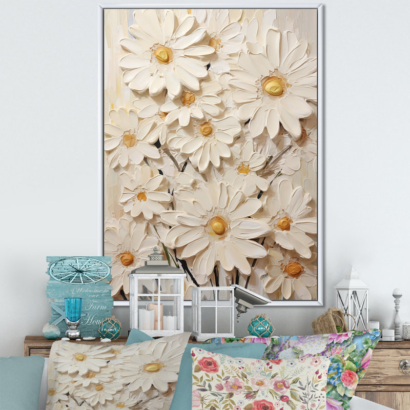 «White Daisy Fields Elegance III», reproduction sur toile, H 44 po x l 34 po x P 1,5 po, Cadre flottant blanc