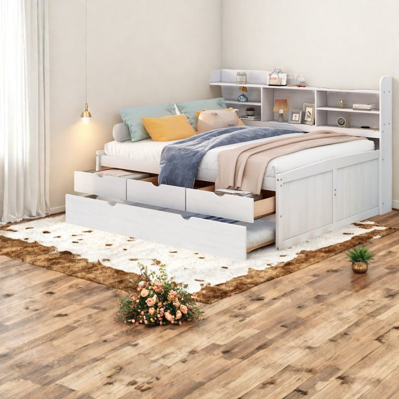 Spacious Wood Captain Bed With Storage, Modern White Finish For Home