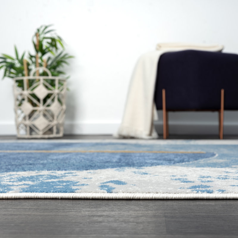 Tapis rectangulaire gris / bleu en polypropylène tissé à la machine Eduvina, Rectangle 4 pi x 6 pi