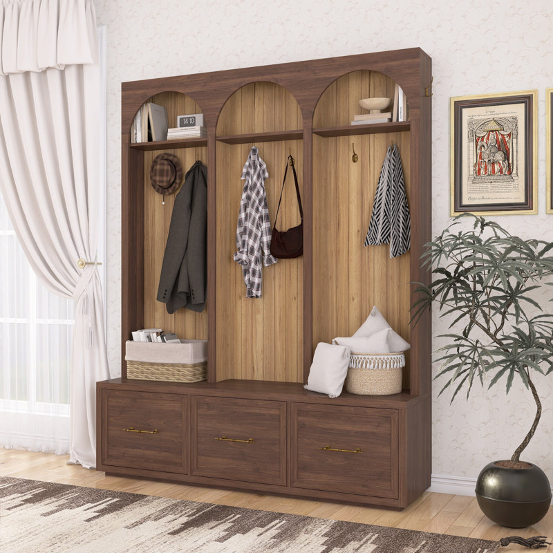 14.8"H Farmhouse Hall Tree Entryway Bench With Hooks & Drawers, Walnut