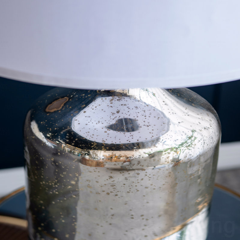 Lampe de table - Ronde argentée avec blanc et abat-jour en tissu