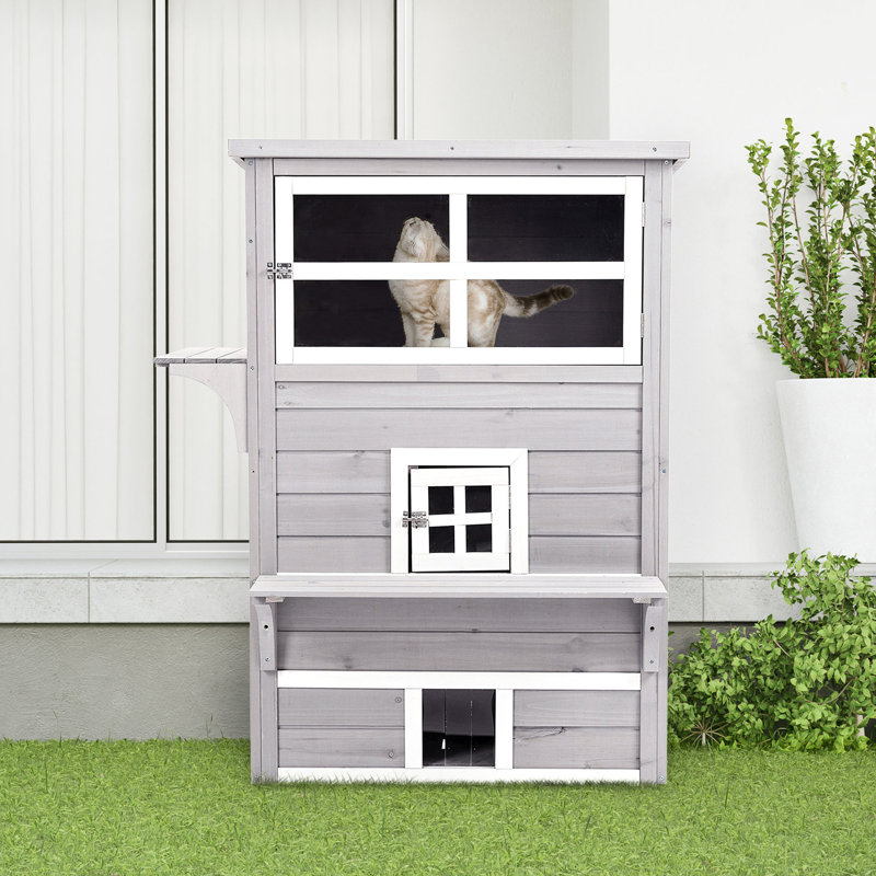 Maison pour chat à 3 étages, chaton d'extérieur en gris, avec plancher surélevé, portes de secours et plateformes de saut de charme
