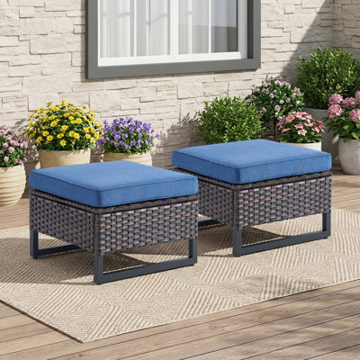 Wicker Outdoor Ottomans for Patio Set of 2 Rattan Footstools w/Removable Cushions (Set of 2)