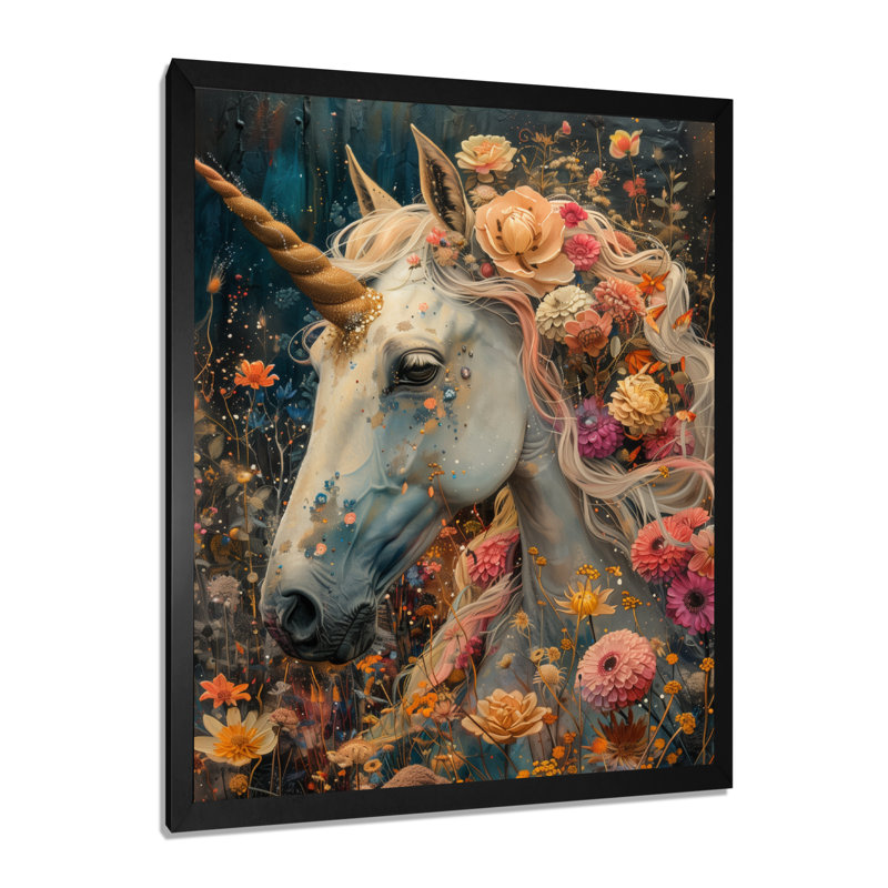 Blanc et rose, merveilles de licorne III, art mural licornes, Cadre simple noir, bois massif, H 32 po x l 24 po x P 1 po