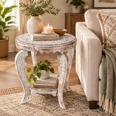 Table d'appoint ronde en bois de style ferme – Blanchi