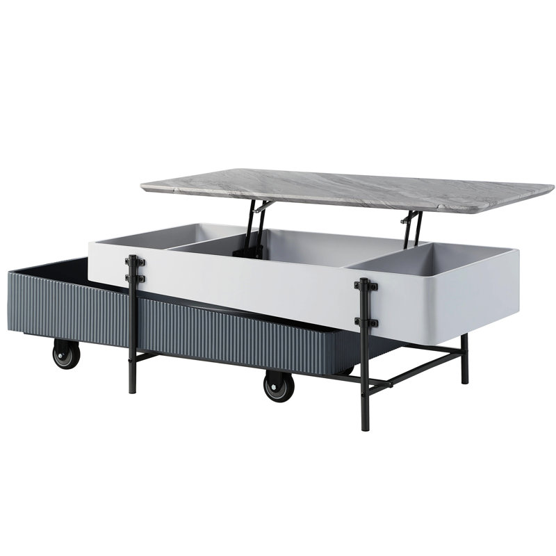Table basse grise et blanche avec coffre de rangement modulaire et pratique