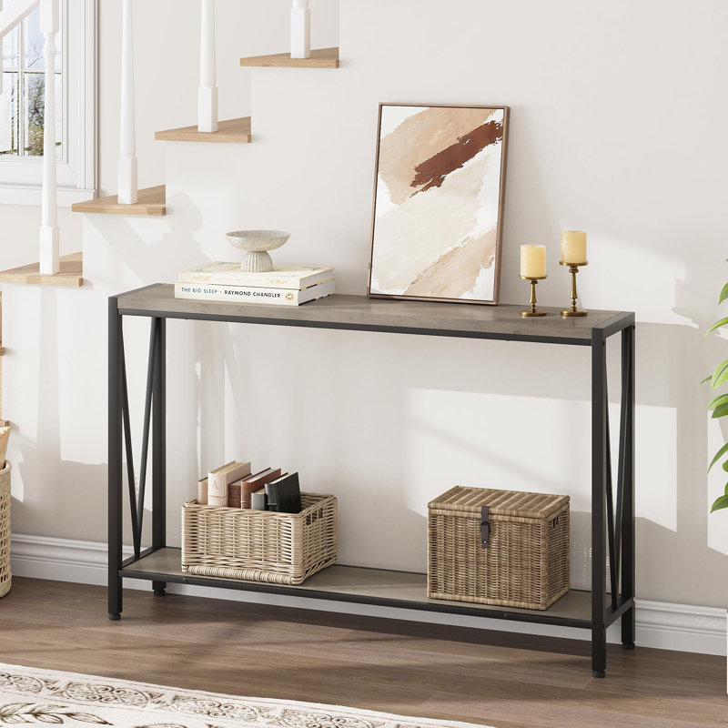 Console de 43 po, table d'entrée industrielle étroite à 2 niveaux, canapé long, Gris