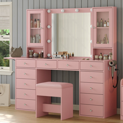 Meuble-lavabo avec prise de courant, bureau de maquillage avec miroir et 10 lumières DEL, meuble-lavabo avec 12 tiroirs et 2 armoires, ensemble de meuble-lavabo avec panneau rabattable, coiffeuse avec plateau en verre et fauteuil