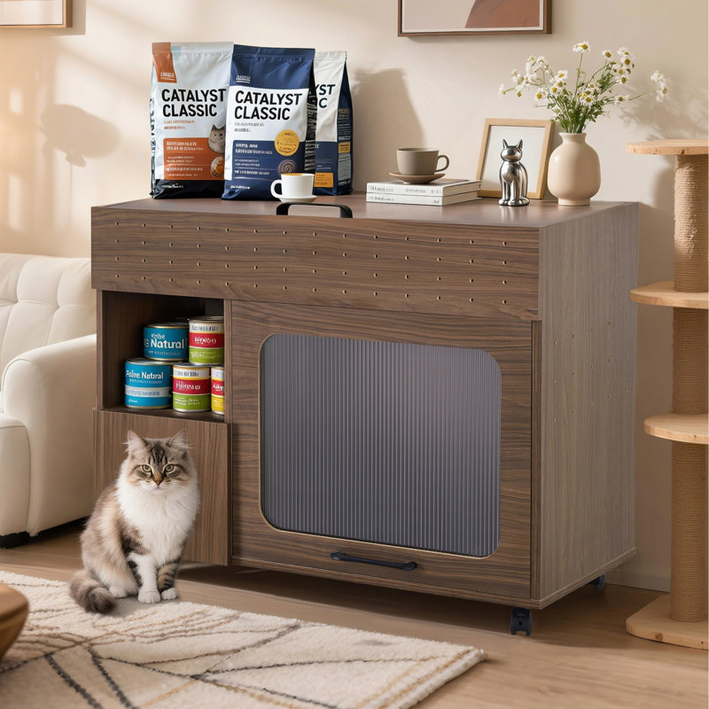 Enceinte de litière 2 en 1 multi-usage 2 en 1, table d'appoint moderne en noyer avec rangement, armoire latérale de buffet
